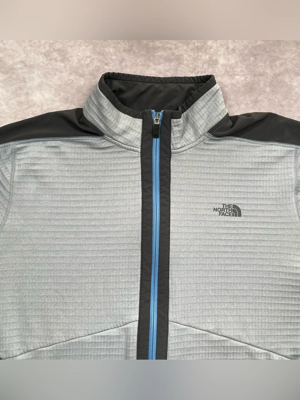 The North Face Ampere Grid Jacket Mens 2XL Gray Black Waffle Knit Fleece